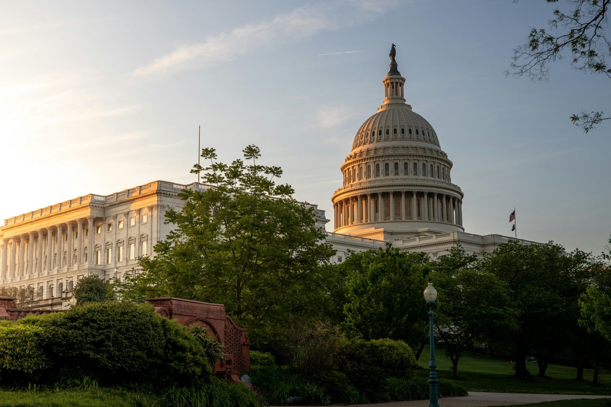 U.S. Capitol dome and building at sunrise, framed by trees