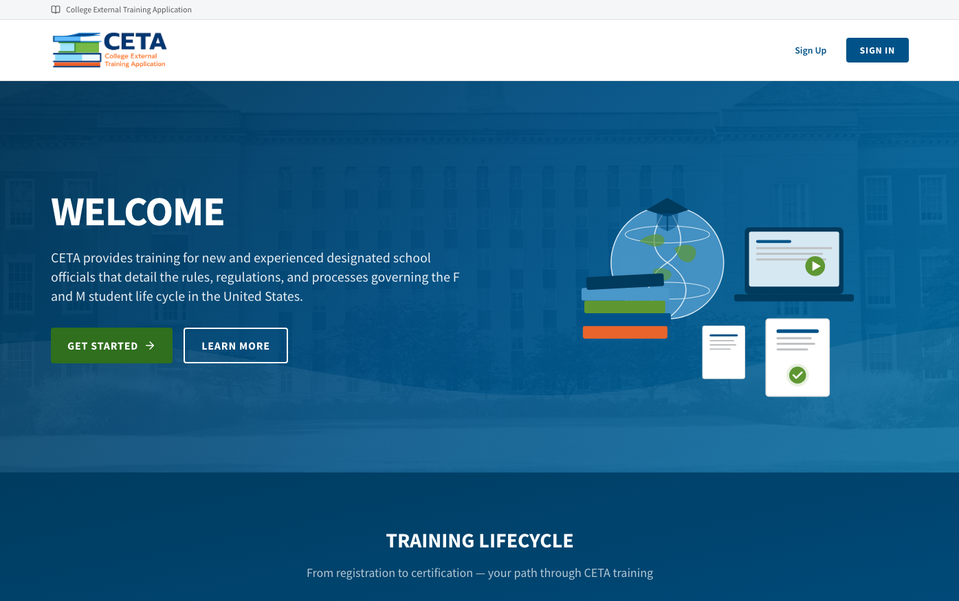 CETA College External Training Application welcome page