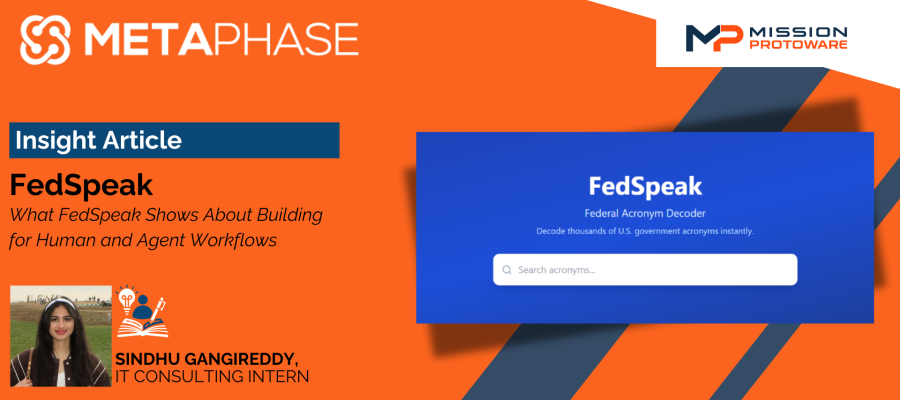 Cover image for the Metaphase Insight Article "FedSpeak: What FedSpeak Shows About Building for Human and Agent Workflows" by Sindhu Gangireddy, featuring the FedSpeak federal acronym decoder interface.